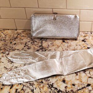 Womens Evening Bag Clutch Purse Silver Metallic + NWT Extra Long Silver Gloves
